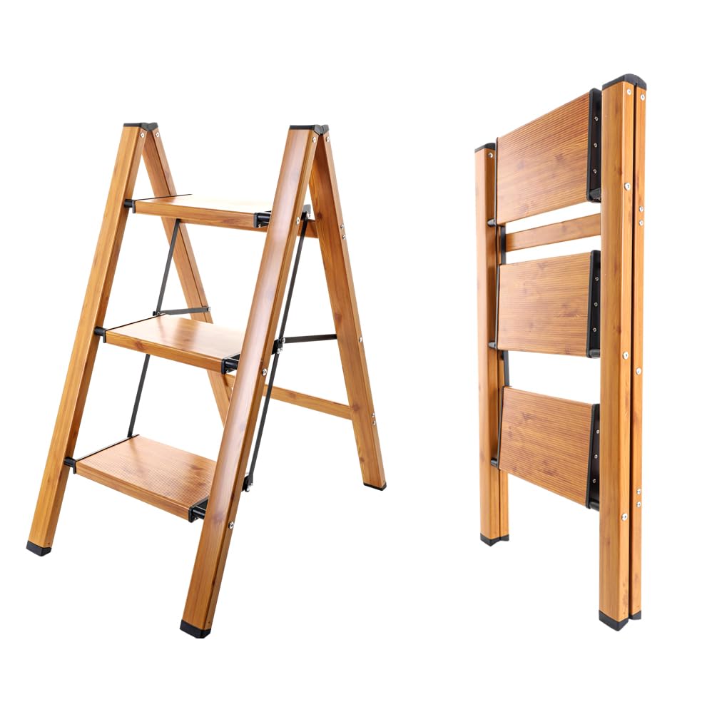 Baoyouni - Scaletta a 3 gradini in alluminio leggero, pieghevole, portatile, con gradini antiscivolo e ampie piattaforme, capacità di 150 kg (330 libbre), per cucina, giardino, casa, ufficio - Nero +