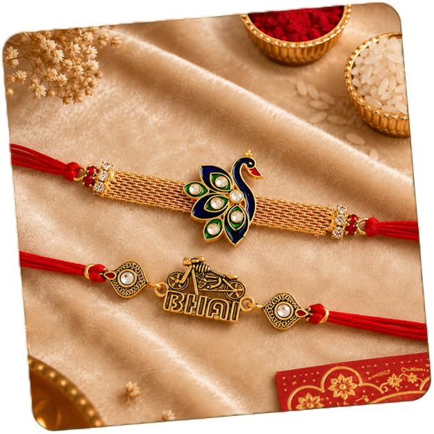 Image of CraftVatika Kundan Rakhi Set for Brother Set of 2, Designer Peacock Rakhi for Brother Boy Men, Premium Kalash Raki for Bhaiya, Traditional Rakshabandhan Rakhis with Best Wishes Card and Tillak Set