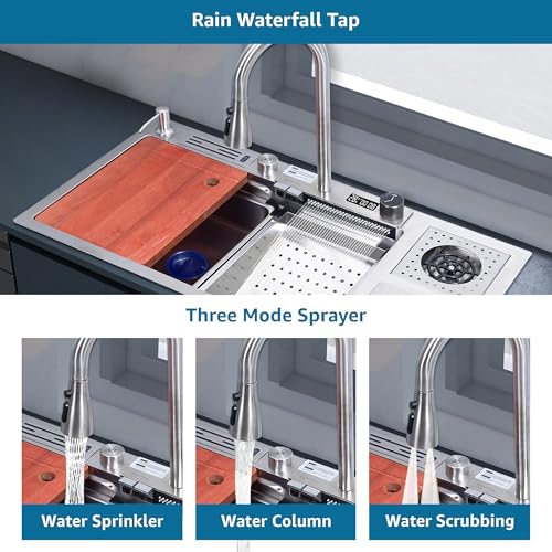 Image of Plantex 304 Grade Stainless Steel Smart Waterfall Sink /Kitchen Sink with Integrated Waterfall, Cupwasher, Dustbin and Digital Display - All in One Sink for Kitchen (38x18x9 Inch - Silver Matt)