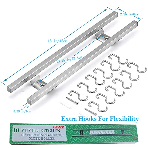 Yiiyiin HU-XI-21 18 Inch Magnetic Knife Holder For Wall Mount-Magnetic Knife Strips With 12 Hook-304 Stainless Steel Wall Magnetic Knife Bar Rack-Knife Block-Knife Rack-Utensil Hanger-Kitchen Utensil Holder thumb #1