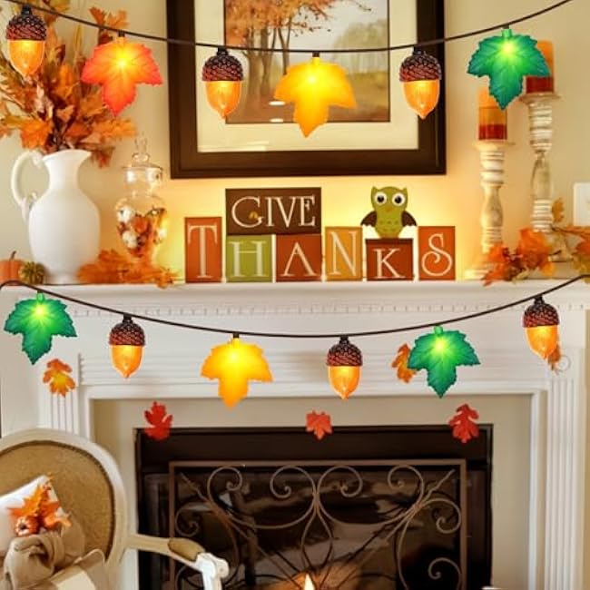 Couah Fall Decor String Lights, 8.5 FT 3D Maple Leaf & Acorn Lights with 10 LED Plug in Fall String Lights for Indoor and Outdoor Home Bedroom Autumn Party Harvest Fall Decorations