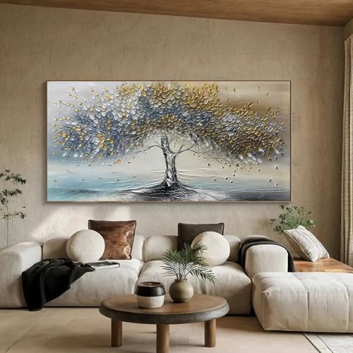 Peinture abstraite fleurs bleu-gris sur toile premium 90x180 cm - 4