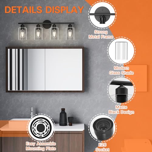 Image of 4 Light Bathroom Vanity Light Fixtures Black,Rustic Farmhouse Vanity Lighting Over Mirror Modern Industrial Lamp with Cylinder Glass Shade UL Certified