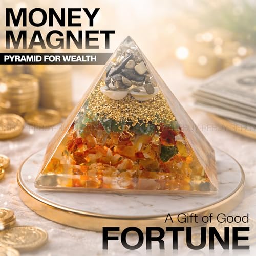Image of Money Magnet Pyramid with Natural Pyrite, Gomti Chakra, Pyrite Dust, Green Jade, Carnelian Stone | Crystal Orgone Pyramid Showpiece for Home & Office | Ideal for Good Luck, Success, Positive Energy