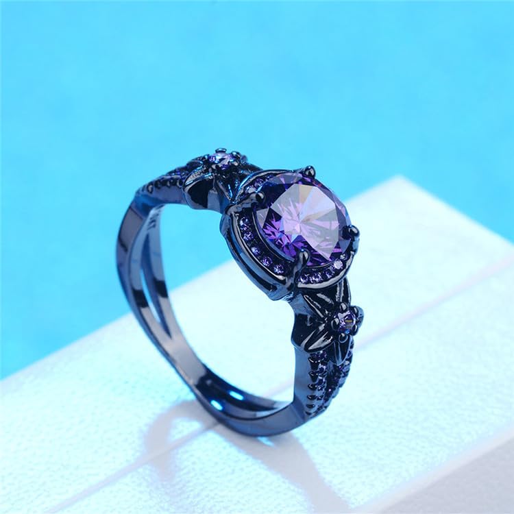 Black Gold Plated Antique Women's Flower Ring Retro Oxidized Finished Round Cut Created Amethyst CZ Cubic Zirconia Filled Engagement Promise Wedding Vintage Band for Mom Lover 7#3