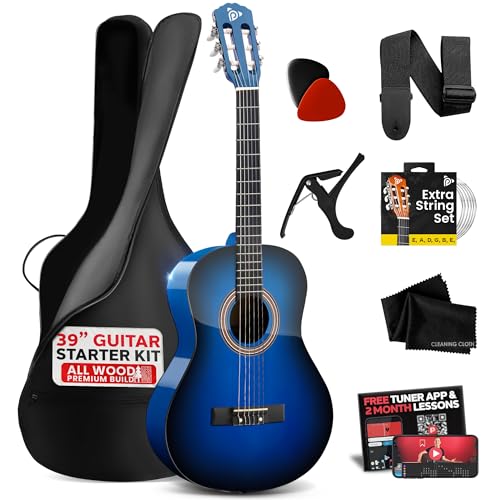 Pyle Beginner Acoustic Guitar Kit, 4/4 Full Size All Wood Build Nylon String Instrument with Capo, Strap, Extra String Set, Gig Bag, Guitars for Beginners Adults Youth, 39' Blue Burst Gloss