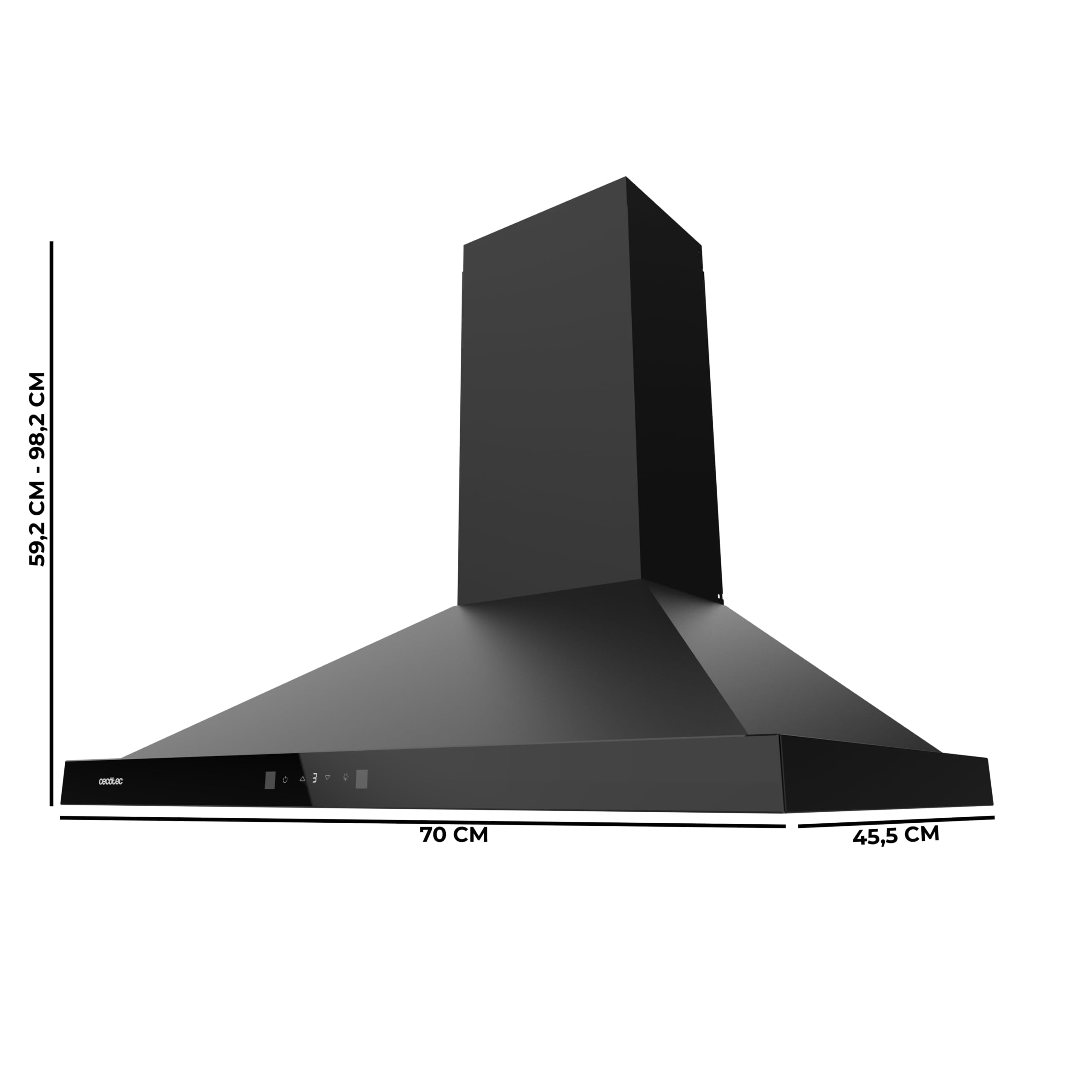 Cecotec Hotte Aspirante Pyramidale 70 cm Bolero Flux PT 704400 Black A+++. Verre Frontal Noir, Aspiration 449,5 m³/h, Commande Tactile Invisible, Fonction Booster, Filtres Lavables, Classe A+++ - 2