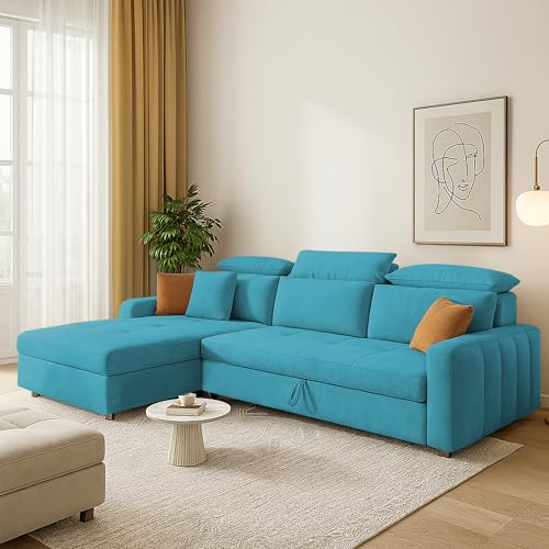 Image of Casaliving Gagnon LHS 4 Seater L Shape Corner Sofa Cum Bed for Living Room (Turquise Fabric) Premium Fabric Sofa