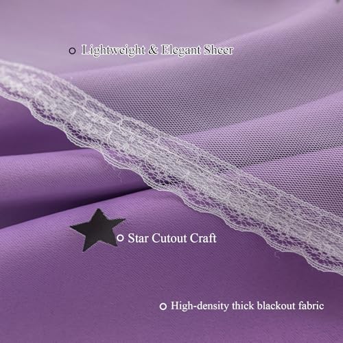 Image of indistar Dreamy Star Cutout Blackout Curtains with White Sheer,Double Layer Curtains for Girls Bedroom, Hollow Out Drapes for Nursery (2 Panel,52Wx63L,Dark Purple)