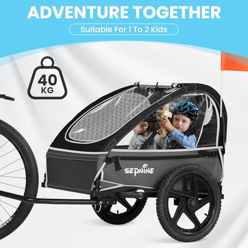 Image of Sepnine Kids Bike Trailer, Suitable for 1 to 2 Kids, 12+ Months, Quick Attach to Bike, Foldable, with 5-Point Harness and Storage Bags