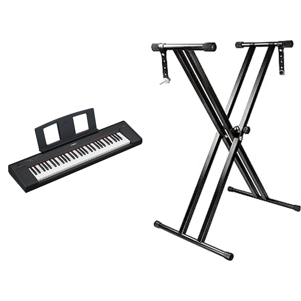 Yamaha NP-15 Piaggero Digital Keyboard – Leichtes und tragbares Keyboard mit 61 anschlagdynamischen Tasten und 15 Klangfarben & RockJam Double Braced Adjustable Keyboard Stand with Locking Straps
