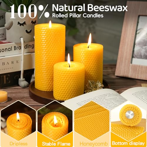 Image of Beeswax Pillar Candles,Non-Toxic Honeycomb Bees Wax Candle for Home,Yellow