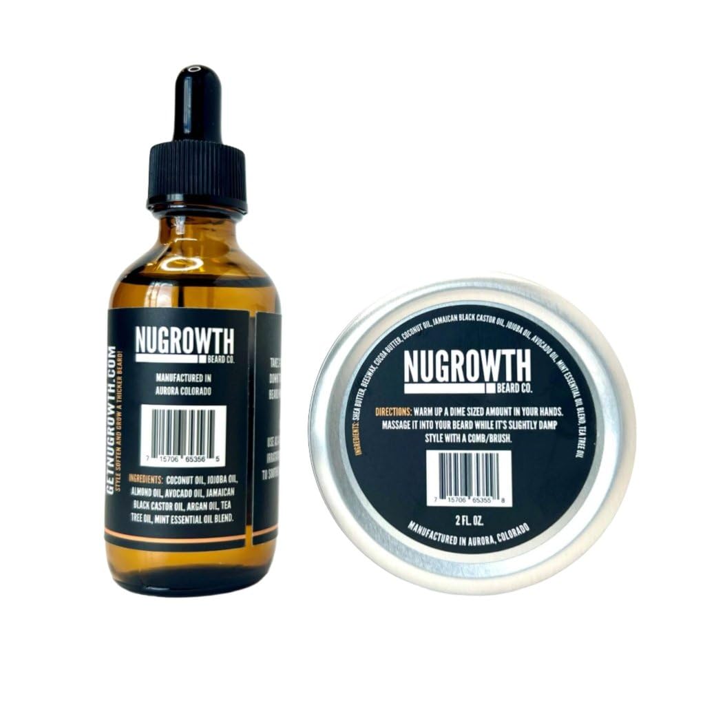 Beard Growth Kit for Black Men – Beard Oil & Shea Butter Balm Set – Softens, Moisturizes & Promotes Thicker Beards with Avocado, Mint & Jamaican Black Castor Oils (4 fl. oz.)