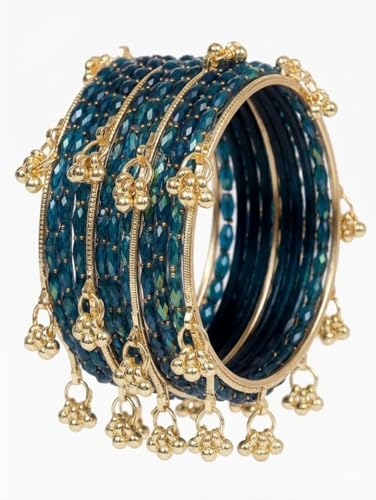 Image of JPS 16 Pcs Trendy Stylish Glass & Kashmiri Ghungroo Bangles Set for Women & Girls | Gold-Plated Traditional Festive Wedding Party Jewellery Chudi Set (12 Glass + 4 Metal)