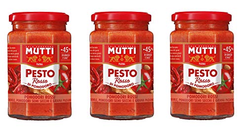 3x Mutti Pesto Rosso Pomodori Rossi Rotes Tomatenpesto Pasta Sauce 100% italienische Tomate Glas 180g Würzsaucen mit Mandeln, Tomaten, getrockneten Samen und Grana Padano