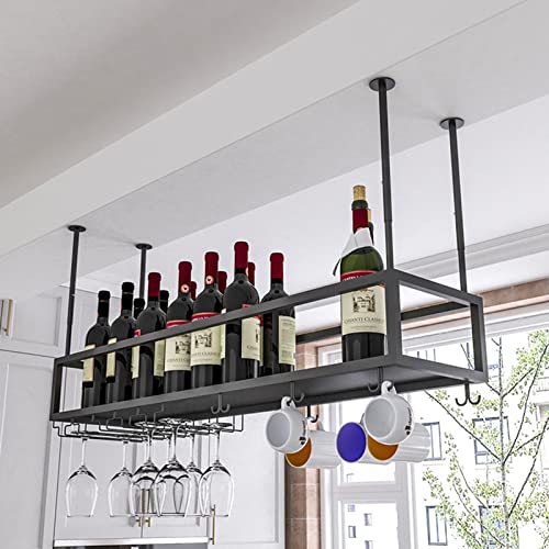 Casier à vin de plafond réglable en métal noir avec support verres - 4