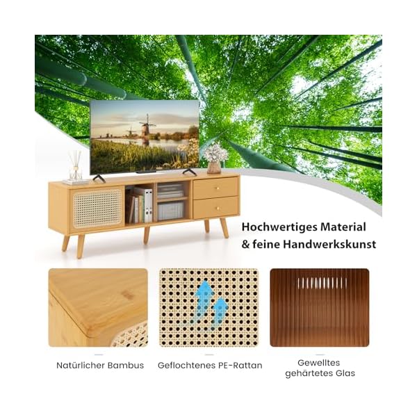 COSTWAY TV Schrank Bambus, TV Lowboard mit Rattan- & Glasschiebetüren, Fernsehtisch mit 2 Schubladen, Fernsehschrank für TVs bis 65 Zoll, für Wohnzimmer, 140 x 31 x 45,5 cm – Bild 3