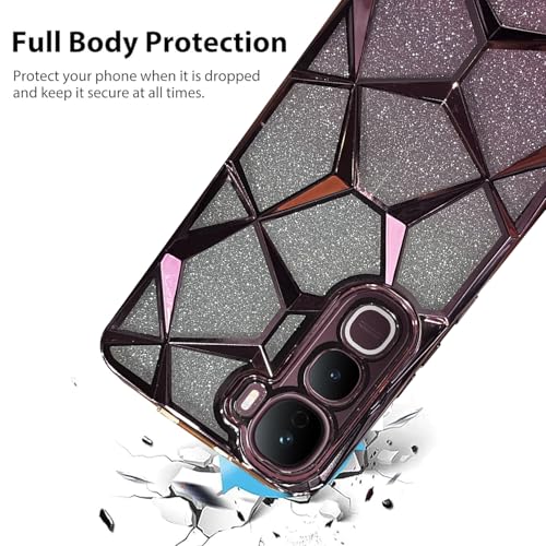 Image of VONZEE Gradient Glitter Case for VIVO Y400, Luxury Electroplated 3D Cube, Diamond Bling Shiny Soft TPU Clear Shockproof Women Girls Protective Phone Cover (Rose Gold)