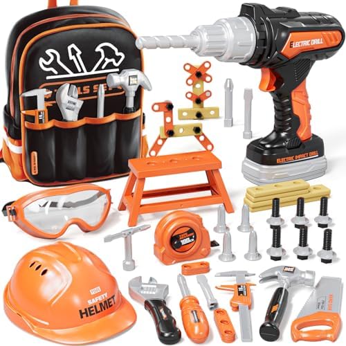 KidBloom Kids Tool Set with Backpack, 50 PCS Construction Toys with Electric Toy Drill, Helmet and DIY Building Parts, Toys for 3 4 Year Old Boys Gifts