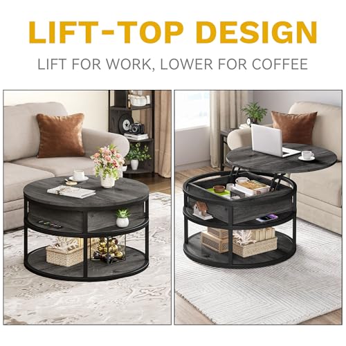 DWVO Round Coffee Tables for Living Room, Lift Top Coffee Table with Storage, Farmhouse Wood Coffee Table, Circle Small Coffee Tables Living Room for Home Decir Office, Grey