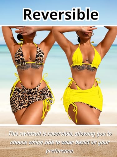 Image of ShawGobow Womens 3 Piece Leopard Bikini Set,Triangle String High Cut Thong Sexy Swimsuit & Coverup Skirt,Pool Party Outfit