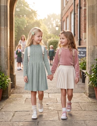Image of Arshiner Girls Dresses Long Sleeve A Line Knit Sweater Dress with Pockets