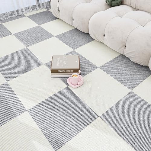 タイルカーペット 30*30cm 厚さ5mm 70枚セット 吸着式 フロアマット タイルマット 洗える 滑り止め 防音 撥水 床暖房対応 カット自由 ペット・子供・高齢者に優しい おしゃれ リビング・子供部屋・玄関に最適(アイボリー&ライトグレー)