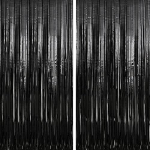 Image of Crosize 8 Pack 3.3 x 9.9 ft Foil Fringe Streamer Backdrop, Black | Halloween Decorations, for Birthday Party Decors, Door Streamers, Photo Booth Backdrops