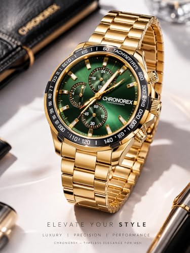 Image of Men's Gold Chronograph Watch with Green Dial | Stainless Steel Strap | Tachymeter Sports Watch