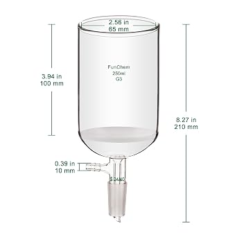 FunChem Buchner Filtering Funnel with Fine Frit (G3), Borosilicate Glass Buchner Funnel with 24/40 Standard Taper Inner Joint and Vacuum Serrated Tubulation, 250 mL Capacity