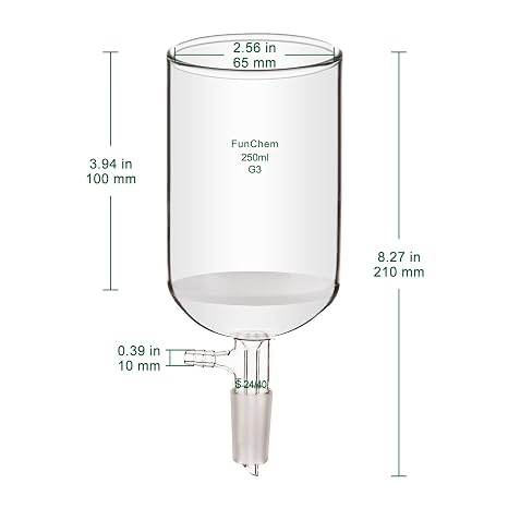 FunChem Buchner Filtering Funnel with Fine Frit (G3), Borosilicate Glass Buchner Funnel with 24/40 Standard Taper Inner Joint and Vacuum Serrated Tubulation, 250 mL Capacity