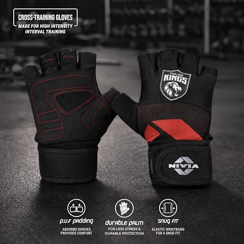 Image of Nivia X Punjab Kings Forge Cross Training Gloves - Breathable Mesh Back, Padded Pu Palm, Flexible 4-Way Stretch Fit for Gym & Functional Training, Large