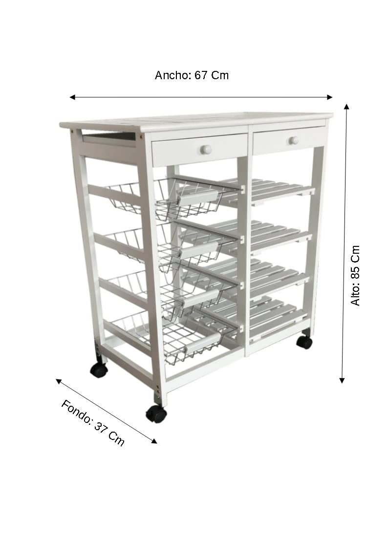 Carro DE Cocina con Ruedas, VERDULERO FRUTERO Doble, 4 CESTAS 4 BALDAS Y 2 CAJONES Color Blanco