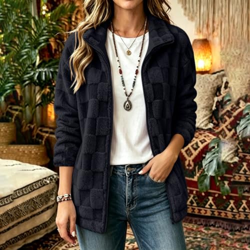 Fleece Jacket Women Checkered Textured Teddy Coat Fall Winter Warm Outfits - image 2