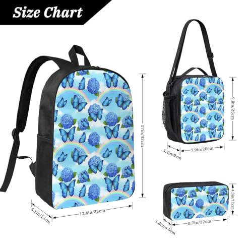 Backpack For Unisex With Lunch Box Pencil Case (for Blue Butterflies Rainbow)4