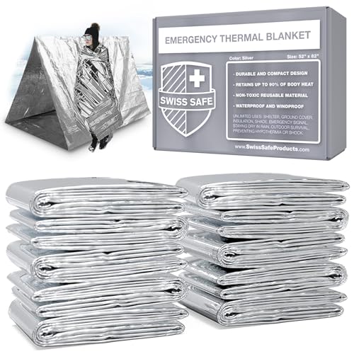Swiss Safe 10 Pack Mylar Emergency Blankets for Survival – Compact & Insulated for Cold Weather – Designed for NASA, Outdoor, Running, Camping, Survival, First Aid Car Kit – Silver, 10 Pack