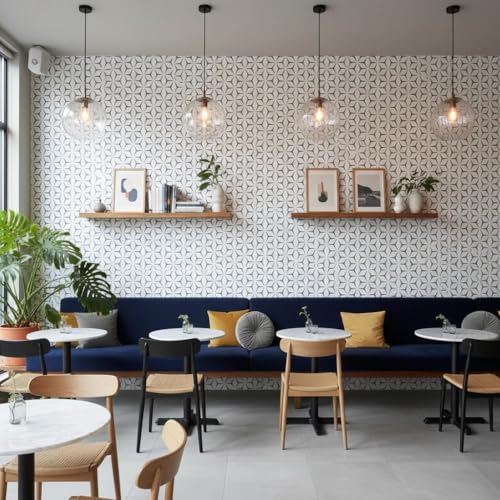 Image of KBR Blue & White Geometric Wallpaper (45 x 300 cm) - Minimal 3D Star Pattern Peel & Stick Self-Adhesive Waterproof Modern Wall Covering Roll for Living Room, Staircase, Kitchen & Cafe Decor