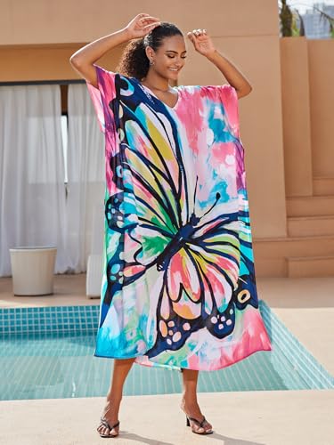 Image of KECVOT Kaftan Dresses for Women V-Neck Print Swimsuit Cover Up Plus Size Beach Caftan Lounge Dress