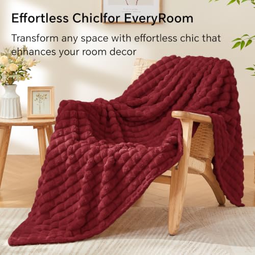 Image of BEDELITE 3D Checked Burgundy Fleece Throw Blanket for Couch, 50x60 Inches