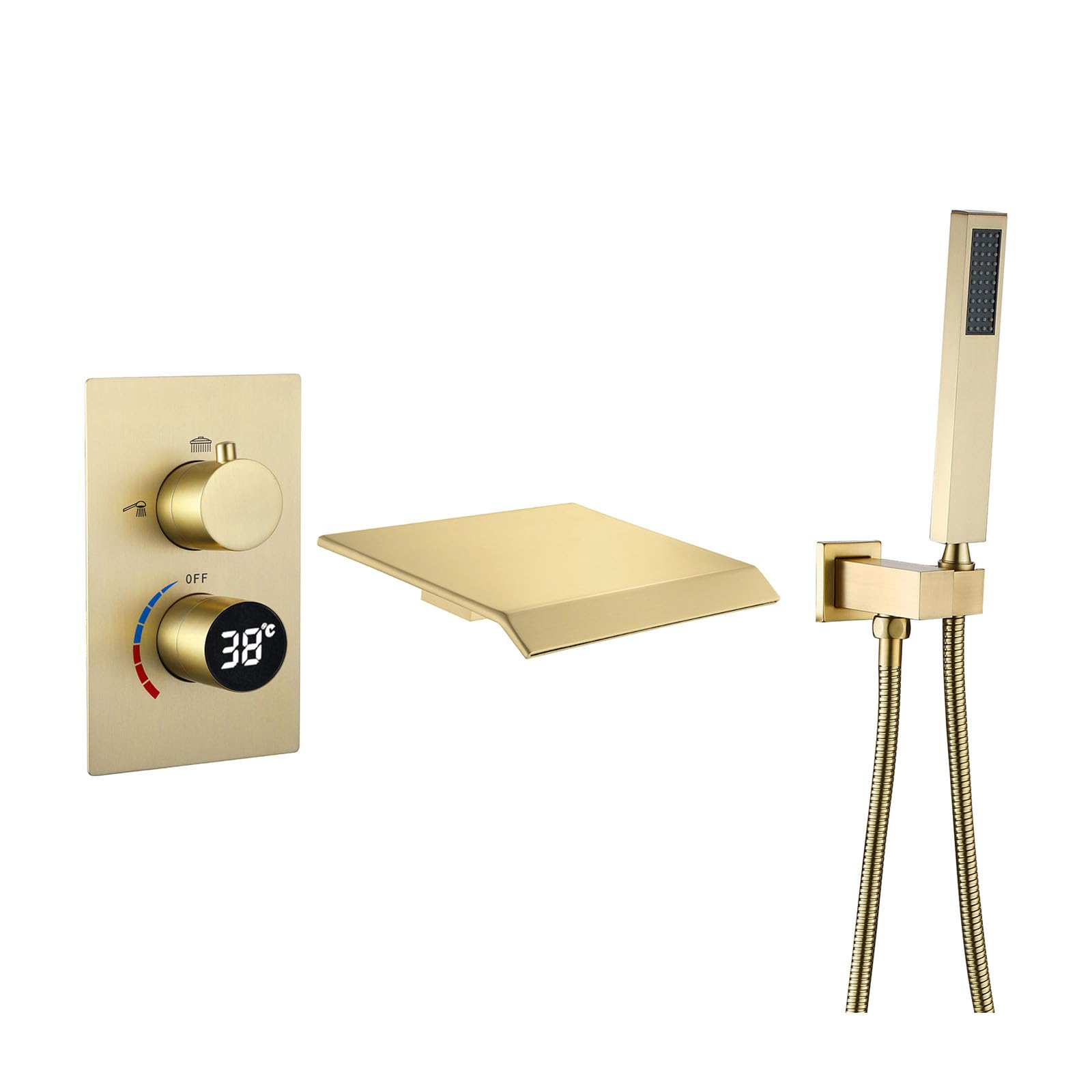 SWENEEN Modern Brushed Gold Wall Mounted Bathtub Faucet Set With High Flow Waterfall Design And Hand Shower Tub Filler With Sprayer Stylish Bathroom Upgrade,Brushed Gold-B