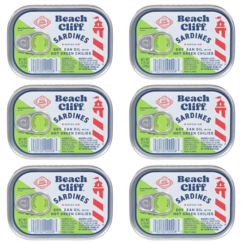 Beach Cliff Sardines in Soybean Oil &amp; Hot Green Chilies, 3.75 oz (6-Pack)