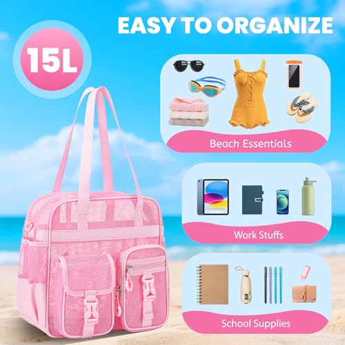 Image of MOONBABY Mesh Beach Tote Bag for Stadium Events 12x6x12 Net Purse Bag for Women with Detachable Long Strap for Work, Sports