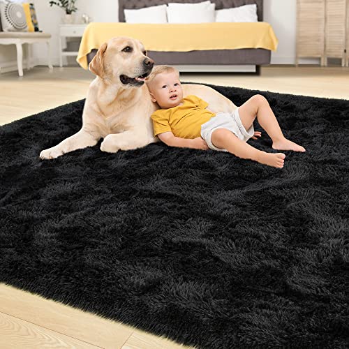 Tepook Super Soft Fluffy Rug For Bedroom, Modern Shaggy Rug Fuzzy Kids Rug For Living Room, Plush Indoor Nursery Home Decor Rug With Non-Slip Bottom, Black, 5 X 8 Feet #TOP3