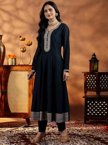 Image of Libas Womens Yoke Design Silk Blend A Line Kurta With Trousers and Dupatta | daily wear suit