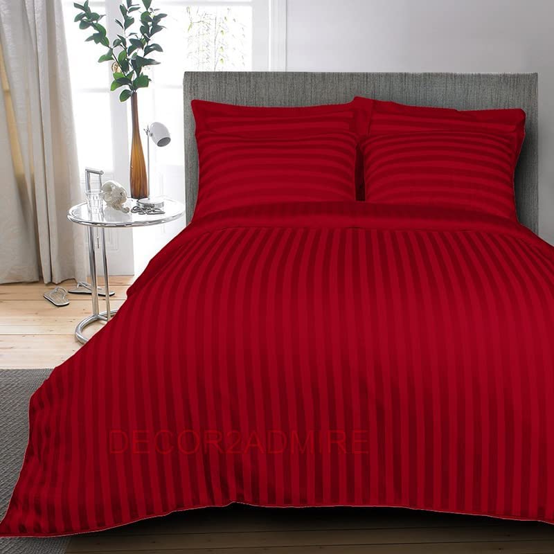 DECOR2ADMIRE 300TC Cotton Plain Stripe Queen Size Double Bedsheet for Double Bed with Two Pillow Covers (Queen, Red) (90 * 100 Inches)