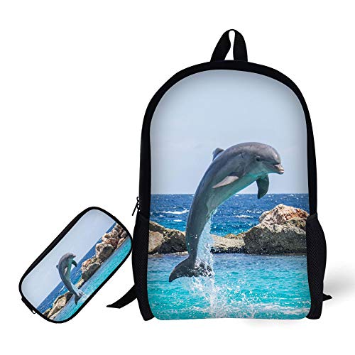 ANYFOCUS School Backpack, 3D Print Dolphin Pattern 17 Inch Bookbag with Pencil Bag