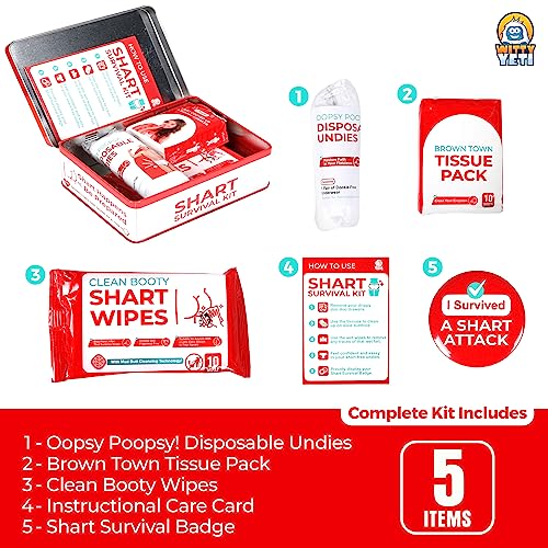 Funny Shart Survival Kit by Witty Yeti. Ultimate Poop Prank Gag Gift Set Contains Wet Wipes, Disposable Underwear, Tissues and Hilarious Badge. Novelty Fart Potty Pack Great for Friends or Family