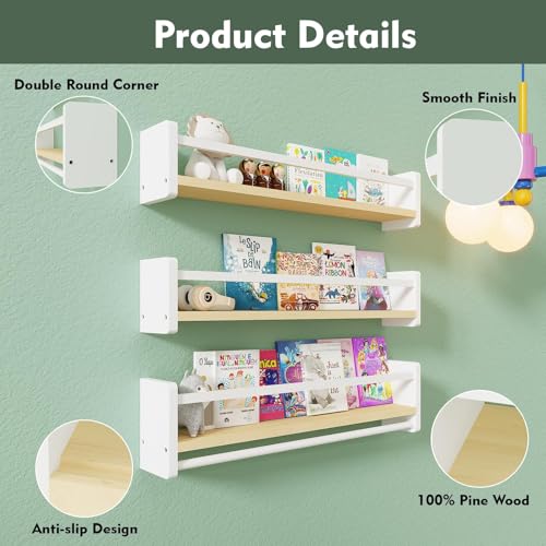 MXCSE Nursery Book Shelves, Floating Shelves for Wall Kids, Wall Bookshelf | Wall Bookshelf for Kids, Nursery Floating Bookshelf, Wall Mounted Book Shelf, Fits Kids' Room, Playroom, Nursery, Living Room - image 5