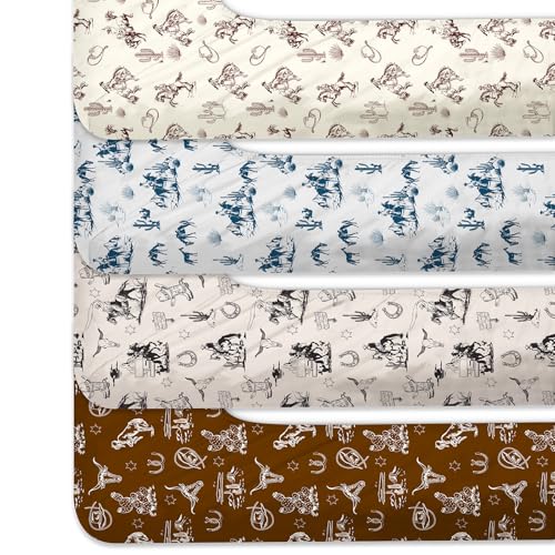 Image of VitalCozy 4 Pcs Vintage Western Cowboy Crib Sheet Set Newborn Bedding Nursery Baby Sheets for Girl Boys Baby Gifts for Standard Crib and Toddler Mattresses, 52 x 28 x 8 Inches