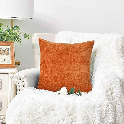 Image of CaliTime Pack of 2 Cozy Throw Pillow Covers Cases for Couch Sofa Home Decoration Solid Dyed Soft Chenille 12 X 12 Inches Burnt Orange